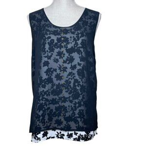 GNW Black & White Floral Print Sleeveless Blouse with Sheer Overlay - Size Large